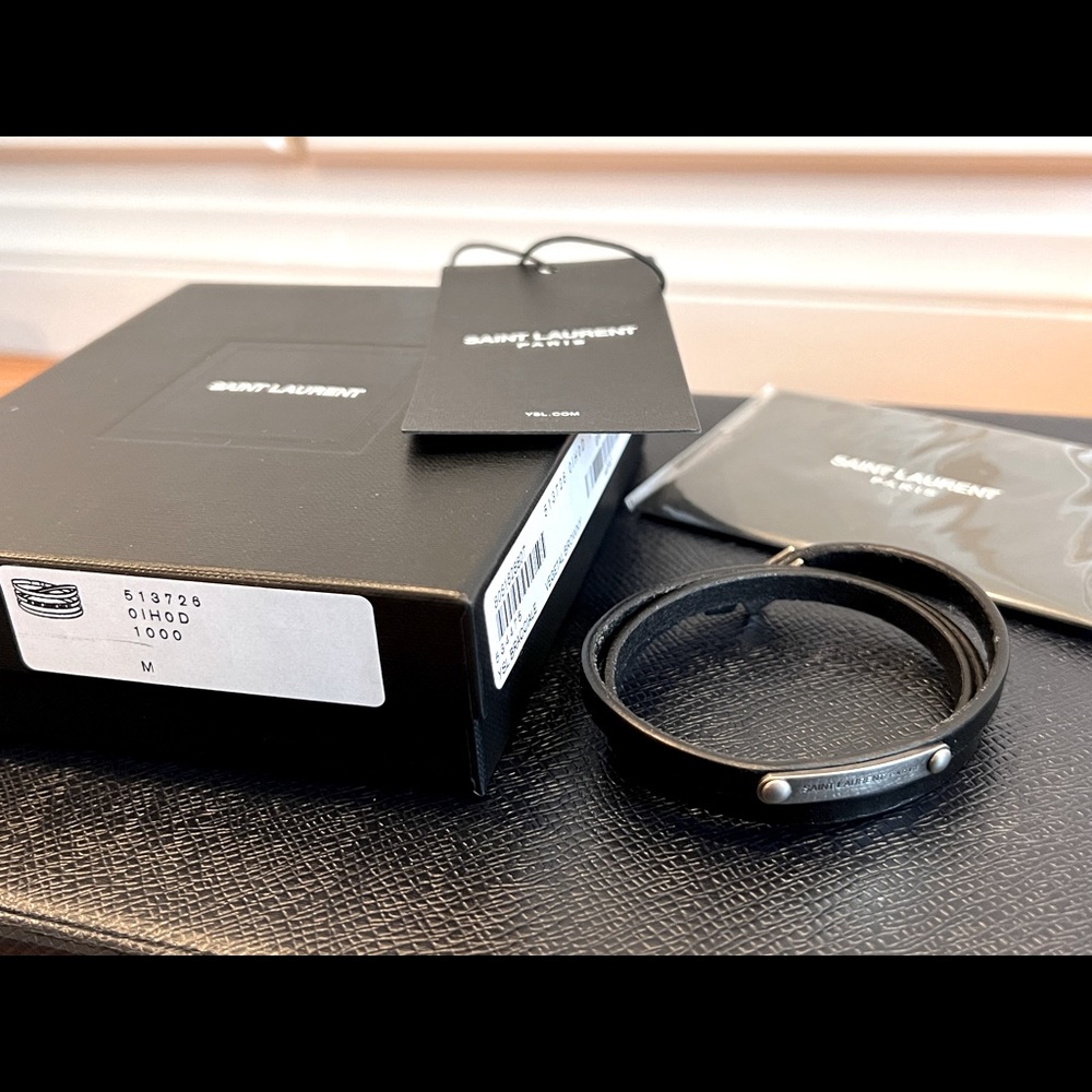 Saint Laurent Plaque Bracelet- Black Leather with Silver Hardware